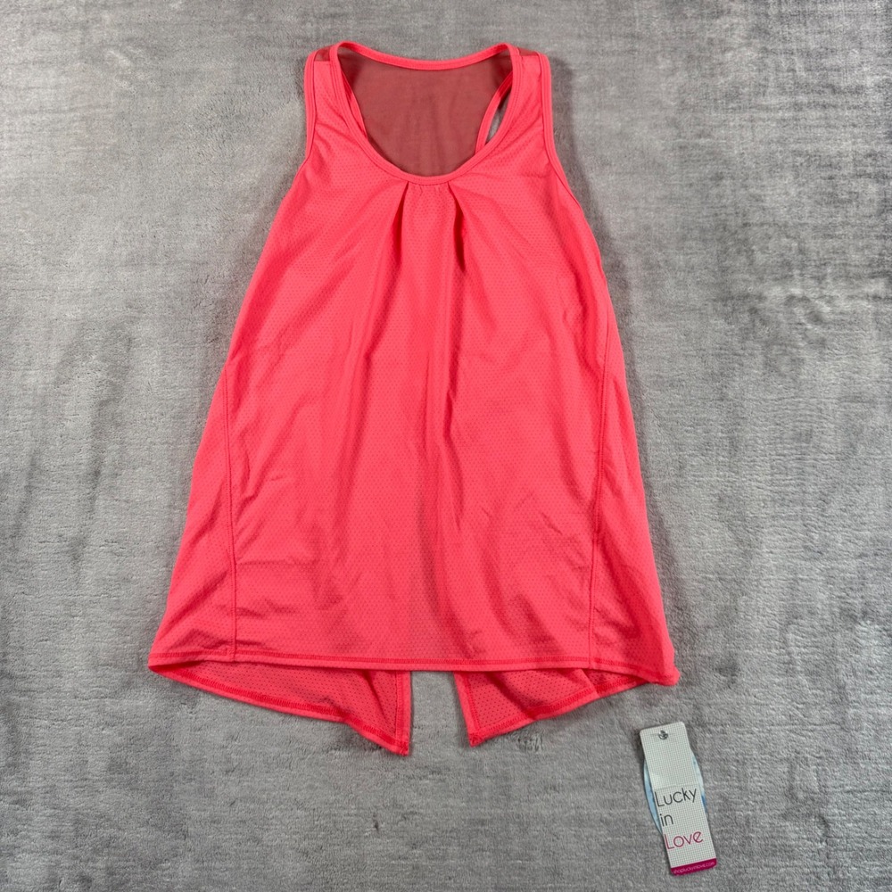 Lucky In Love Tank Top Womens XS Lava Pink Tie Back Mesh Racer Tennis Top NEW